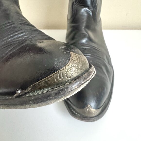 Nocona Cowboy Boots Black 10 Round Toe USA White Stitching Metal Tip Vintage - Picture 3 of 14